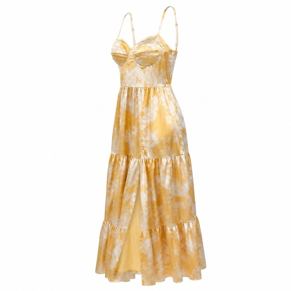 Corset Bridesmaid Dress M Yellow Floral Long Satin Lace Up Slit Wedding Guest